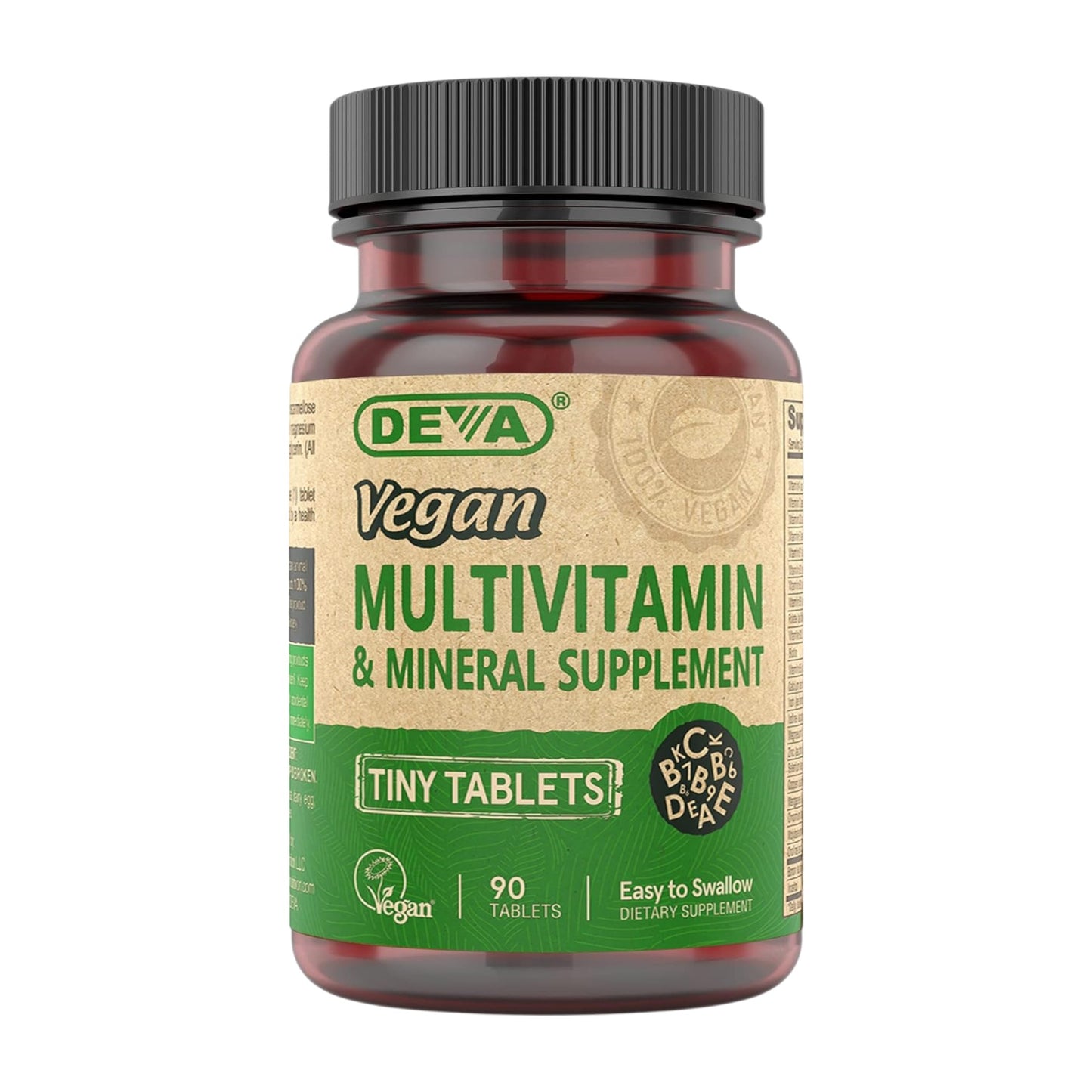 Deva Vegan Multivitamin & Mineral Supplement – 90 tiny tablets bottle front and label