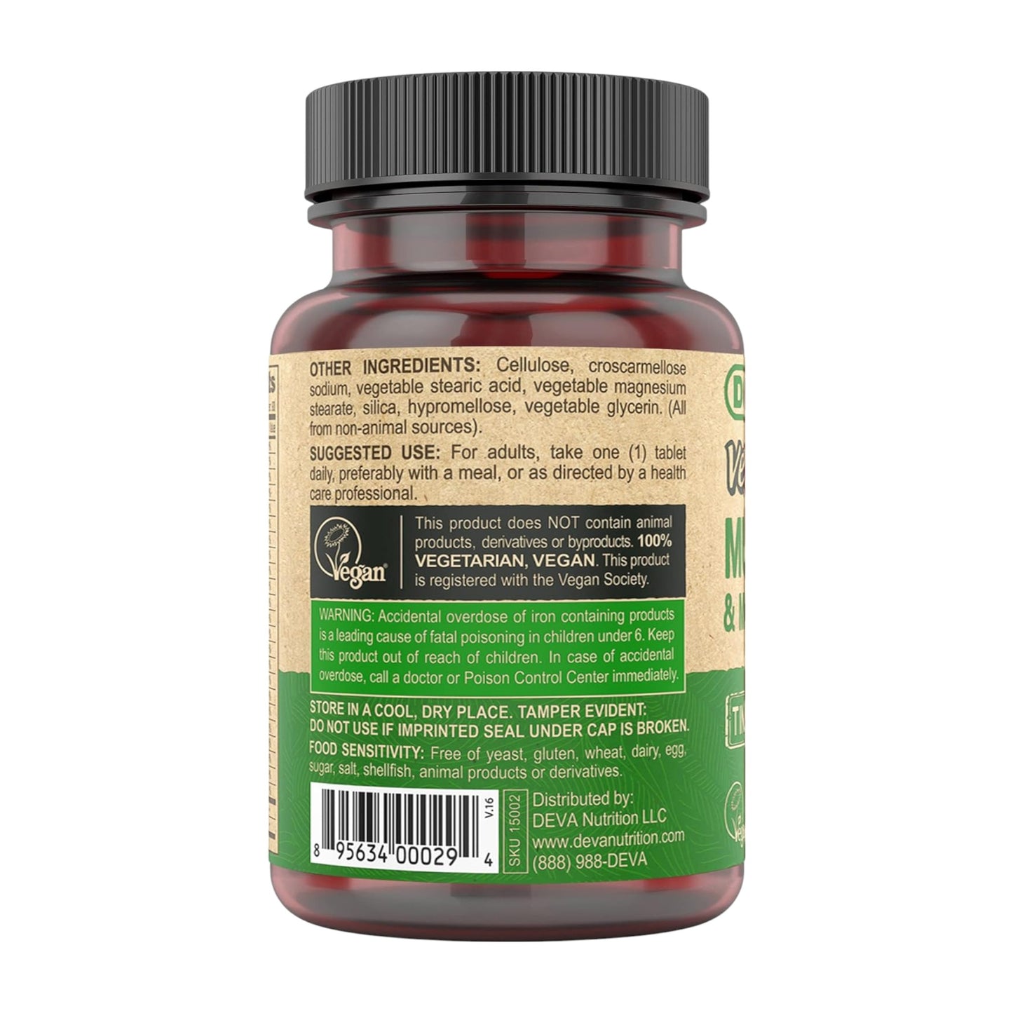Deva Vegan Multivitamin & Mineral Supplement – 90 tiny tablets bottle side