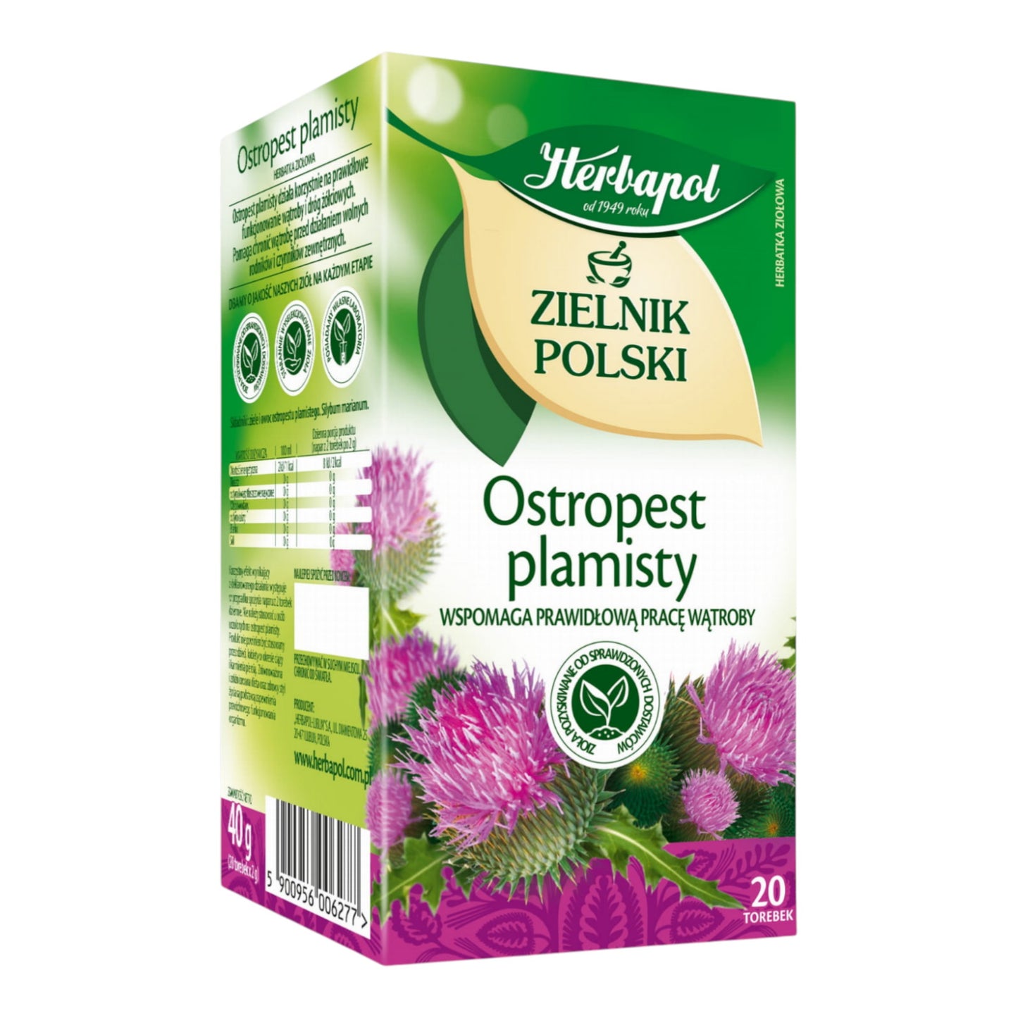 Herbapol Ostropest Plamisty Milk Thistle Tea – 20 tea bags, liver support herbal tea, angled box view