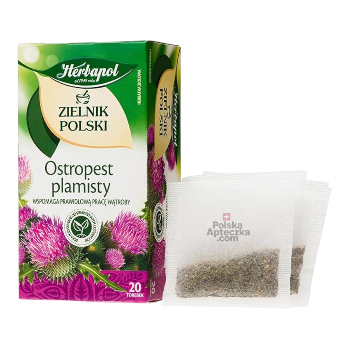 Herbapol Ostropest Plamisty Tea – box with visible tea bags, 100% milk thistle herbal infusion for liver support