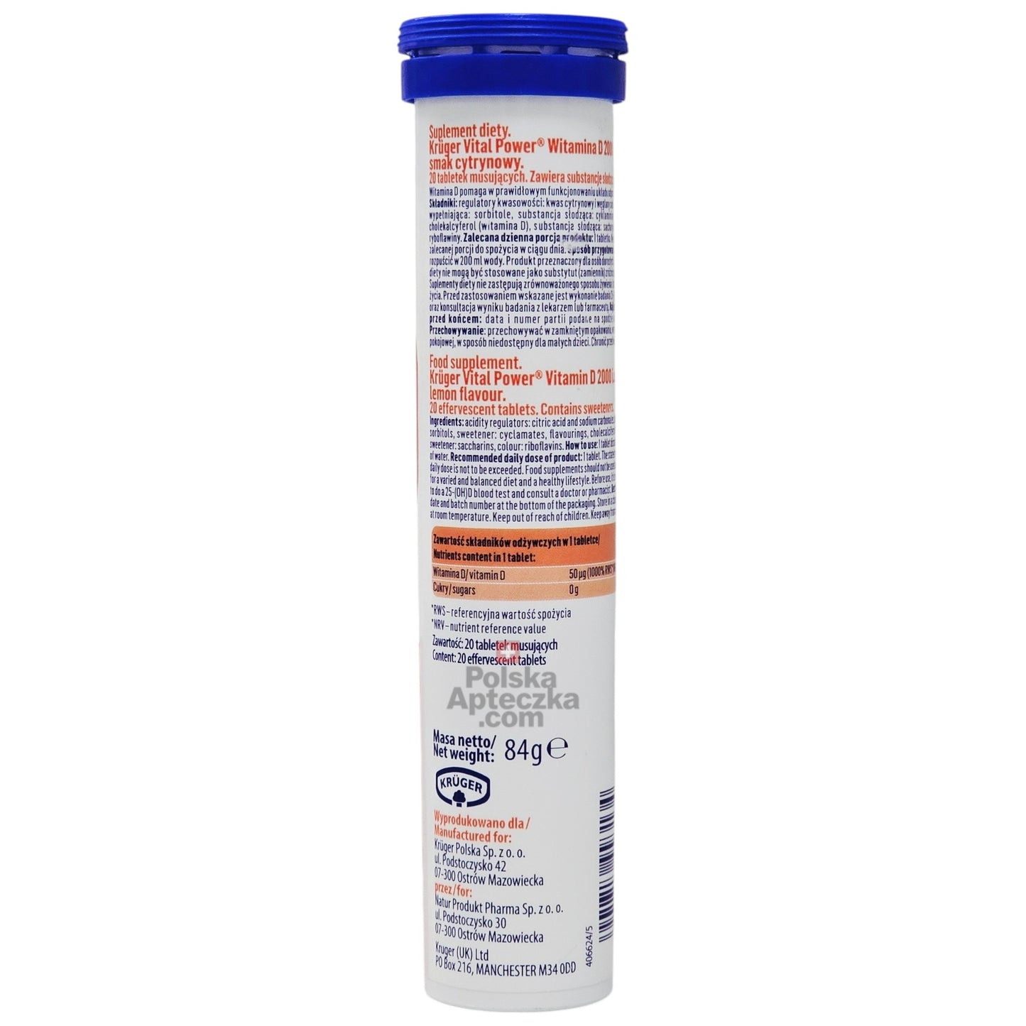 Kruger Vital Power Vitamin D3 2000 IU Effervescent Tablets Lemon Flavor 20 count tube back