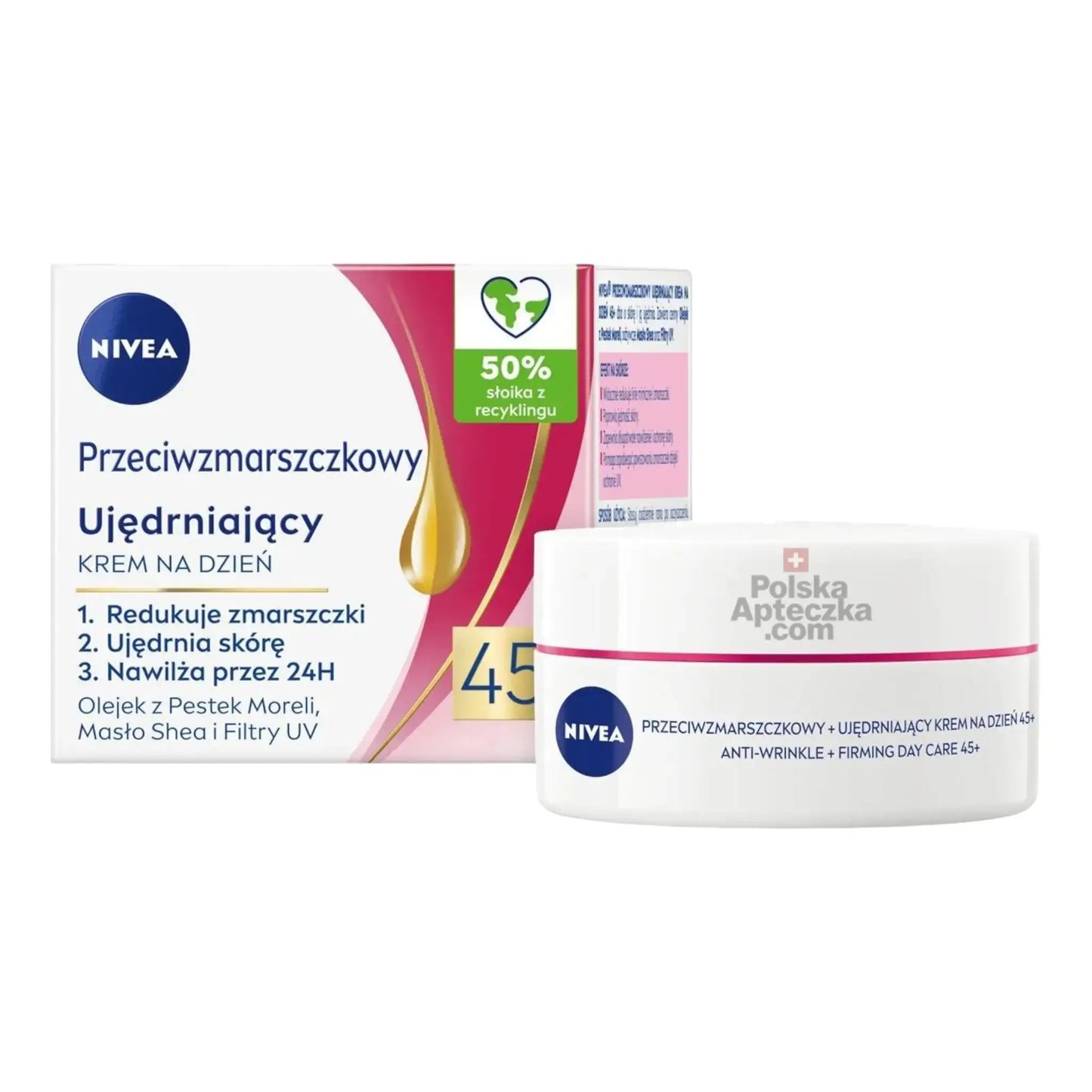 NIVEA 45+ Anti-Wrinkle + Firming Day Cream with Apricot Kernel Oil and UV Filters – front of box and cream jar
