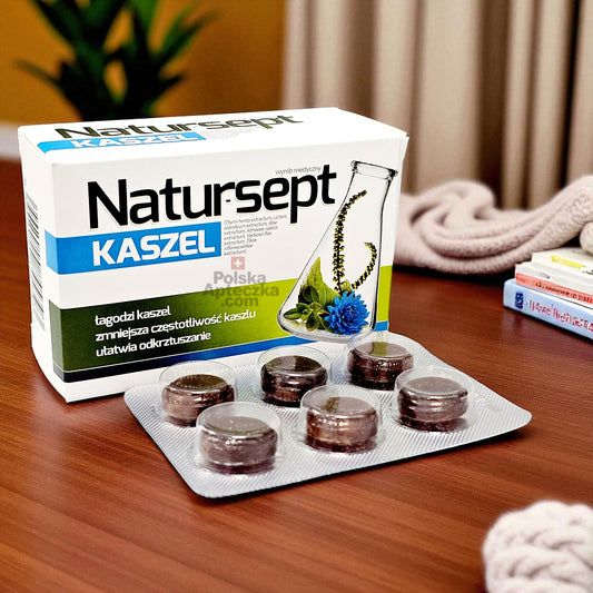 Natursept Kaszel packaging with medicine on a wooden surface