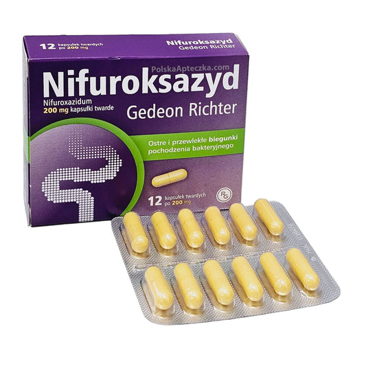Nifuroksazyd 200mg 12 capsules box by Gedeon Richter diarrhea support