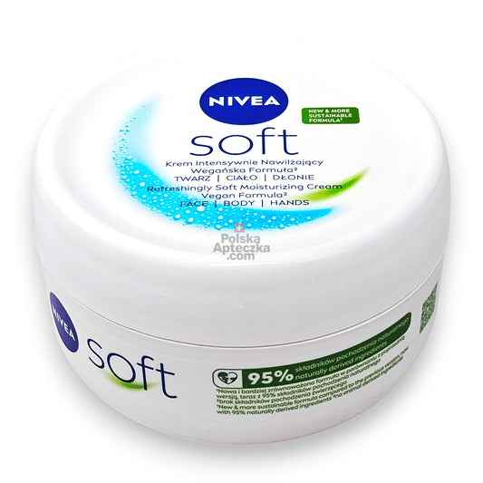 Nivea Soft 200ml moisturizing cream jar angled view showing hydration and quick absorption details
