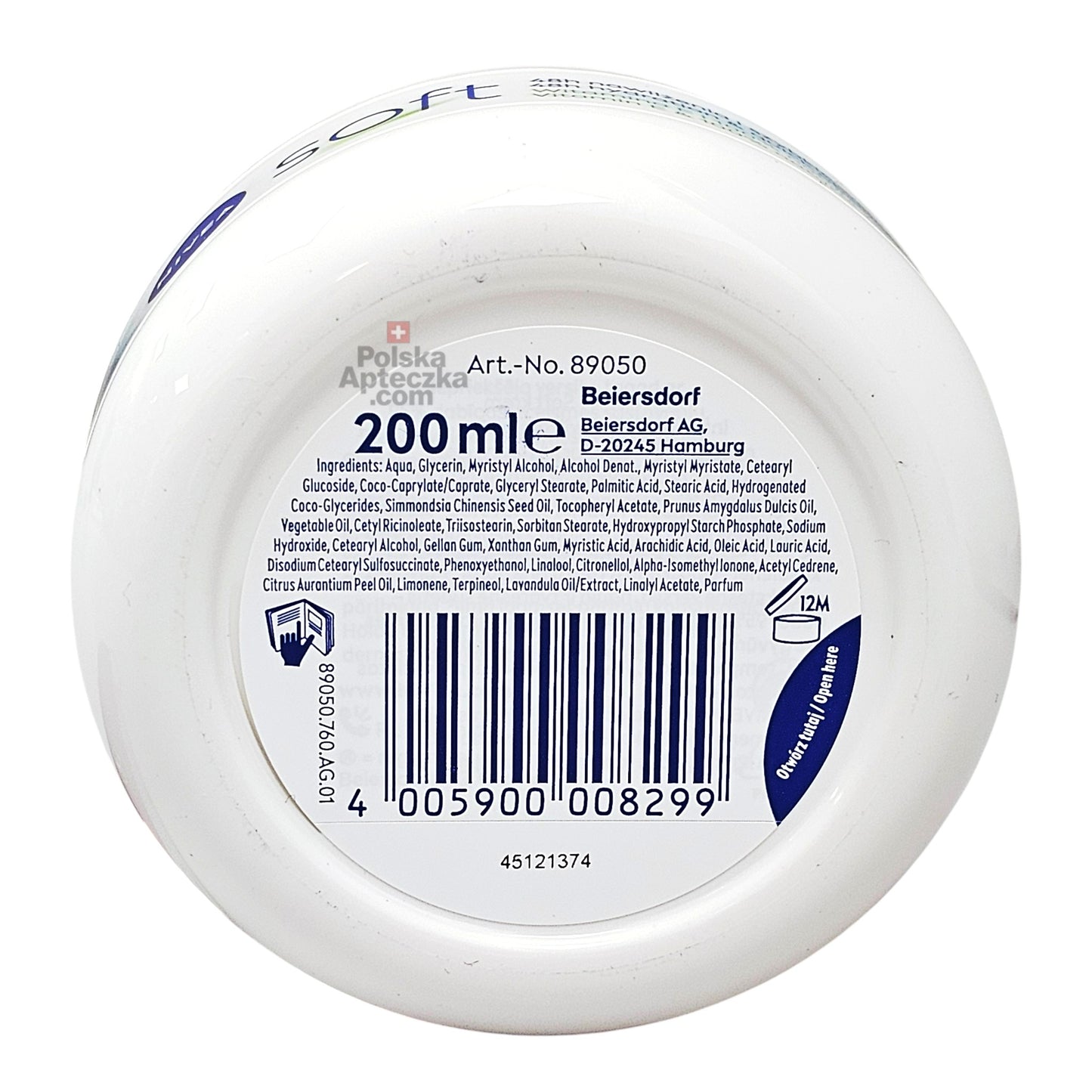 Nivea Soft 200ml moisturizing cream jar bottom label with ingredients list and barcode
