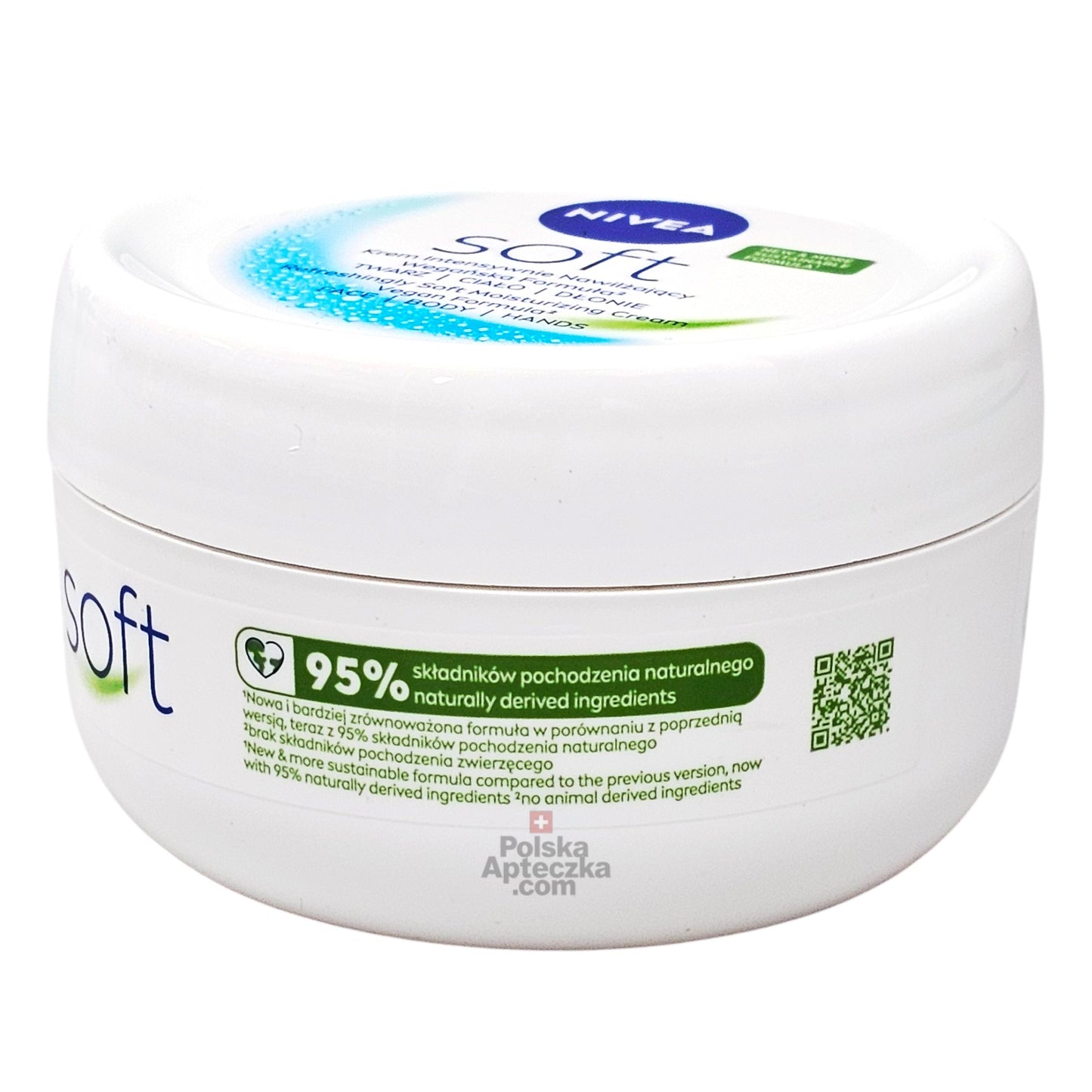 Nivea Soft 200ml moisturizing cream jar top view with vegan formula and sustainability claim