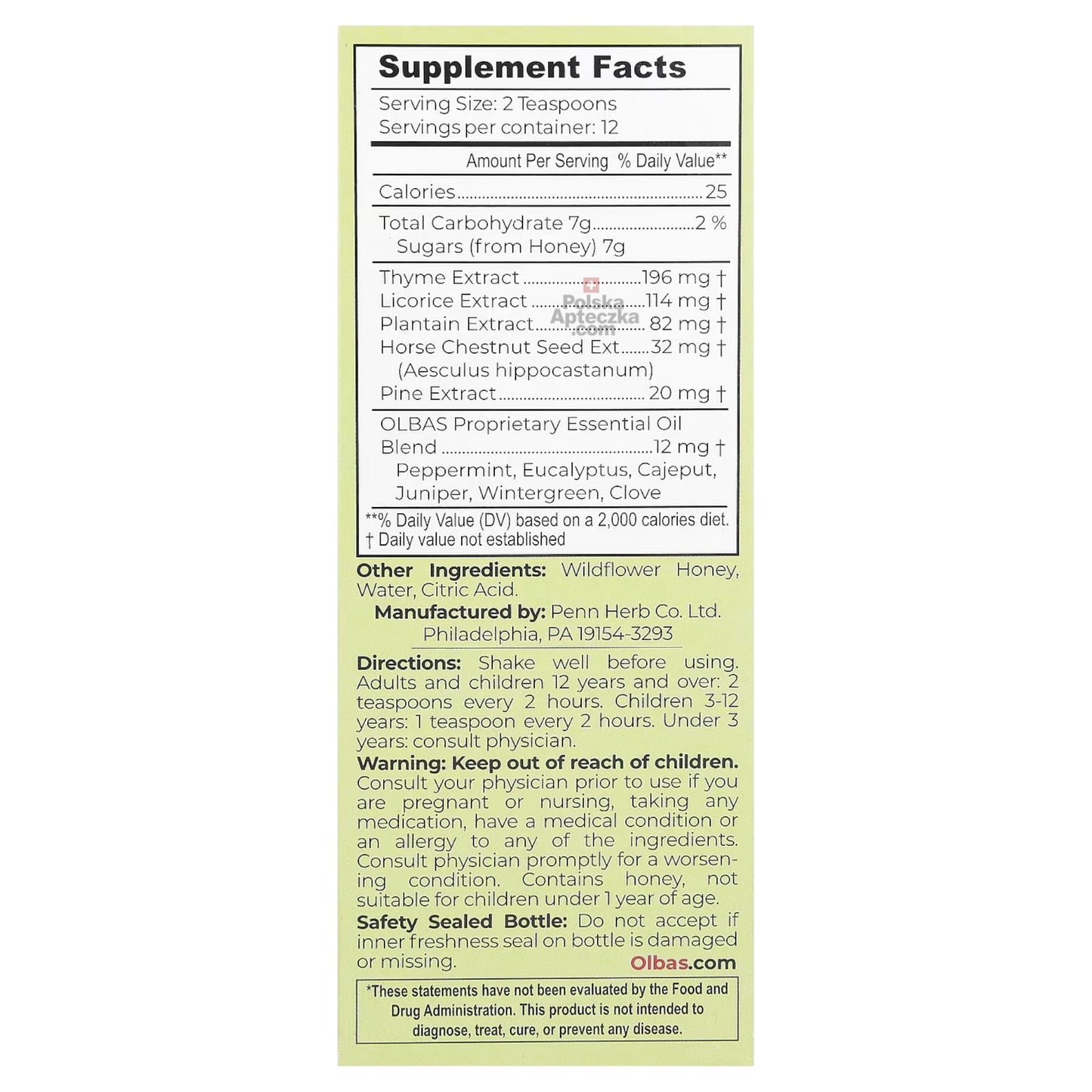 Olbas cough syrup supplement facts label
