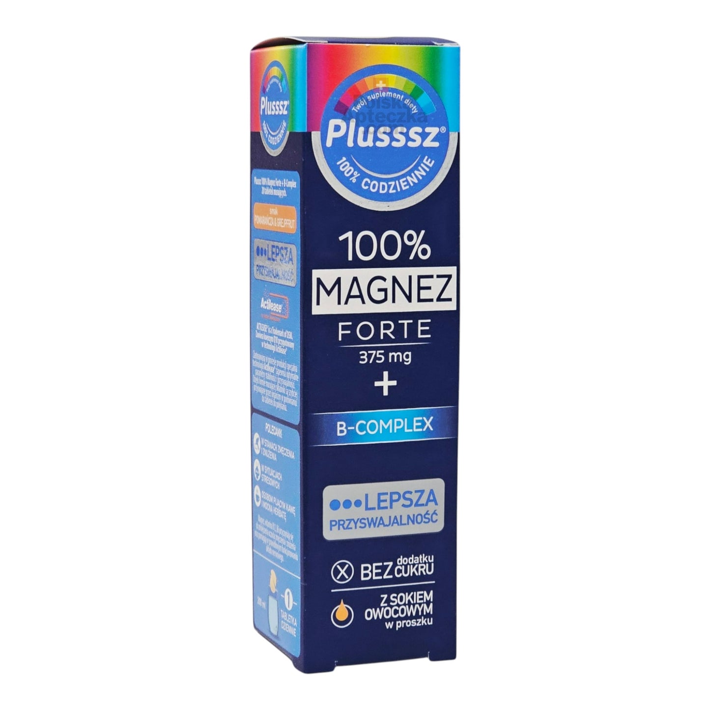 Plusssz Magnesium Forte Complex effervescent tablets sugar-free magnesium supplement with vitamin B6 for muscle support and energy angle view box