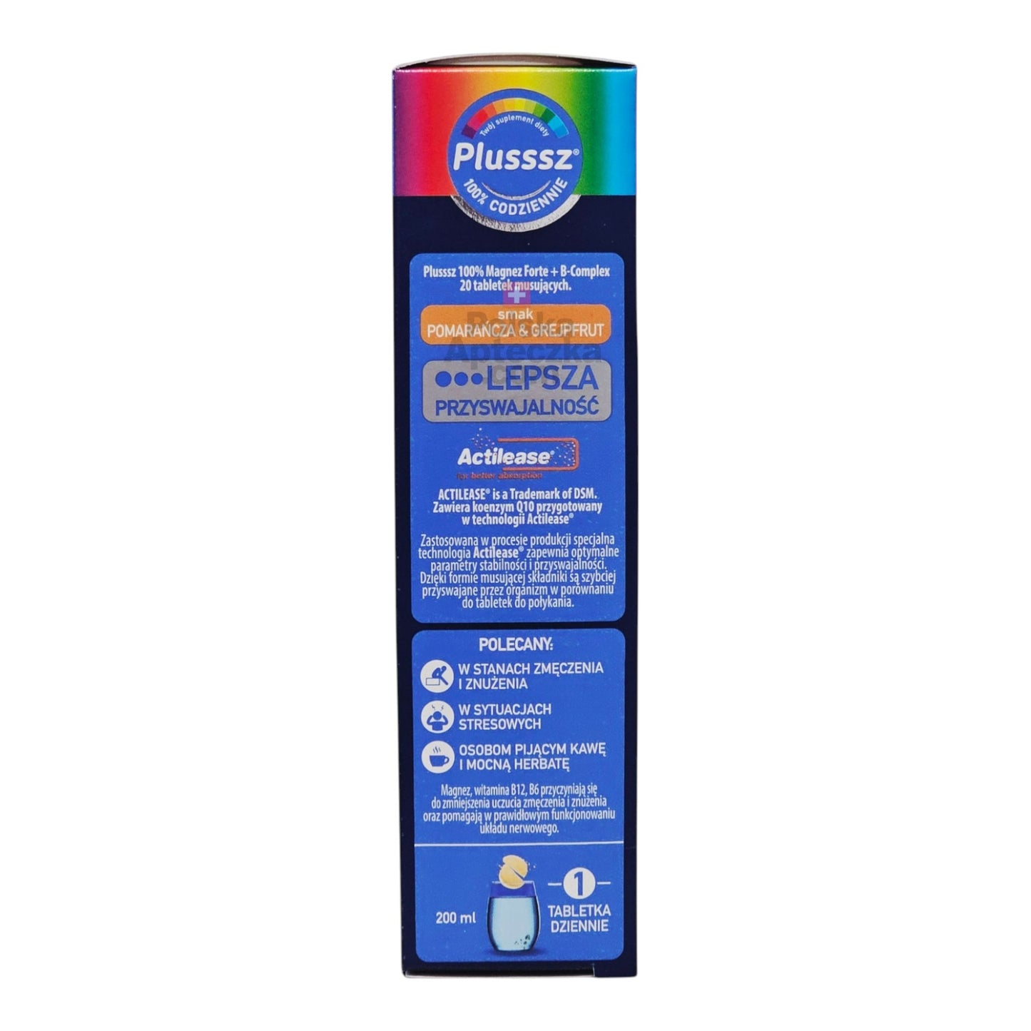 Plusssz Magnesium Forte Complex effervescent tablets sugar-free magnesium supplement with vitamin B6 for muscle support and energy side view box