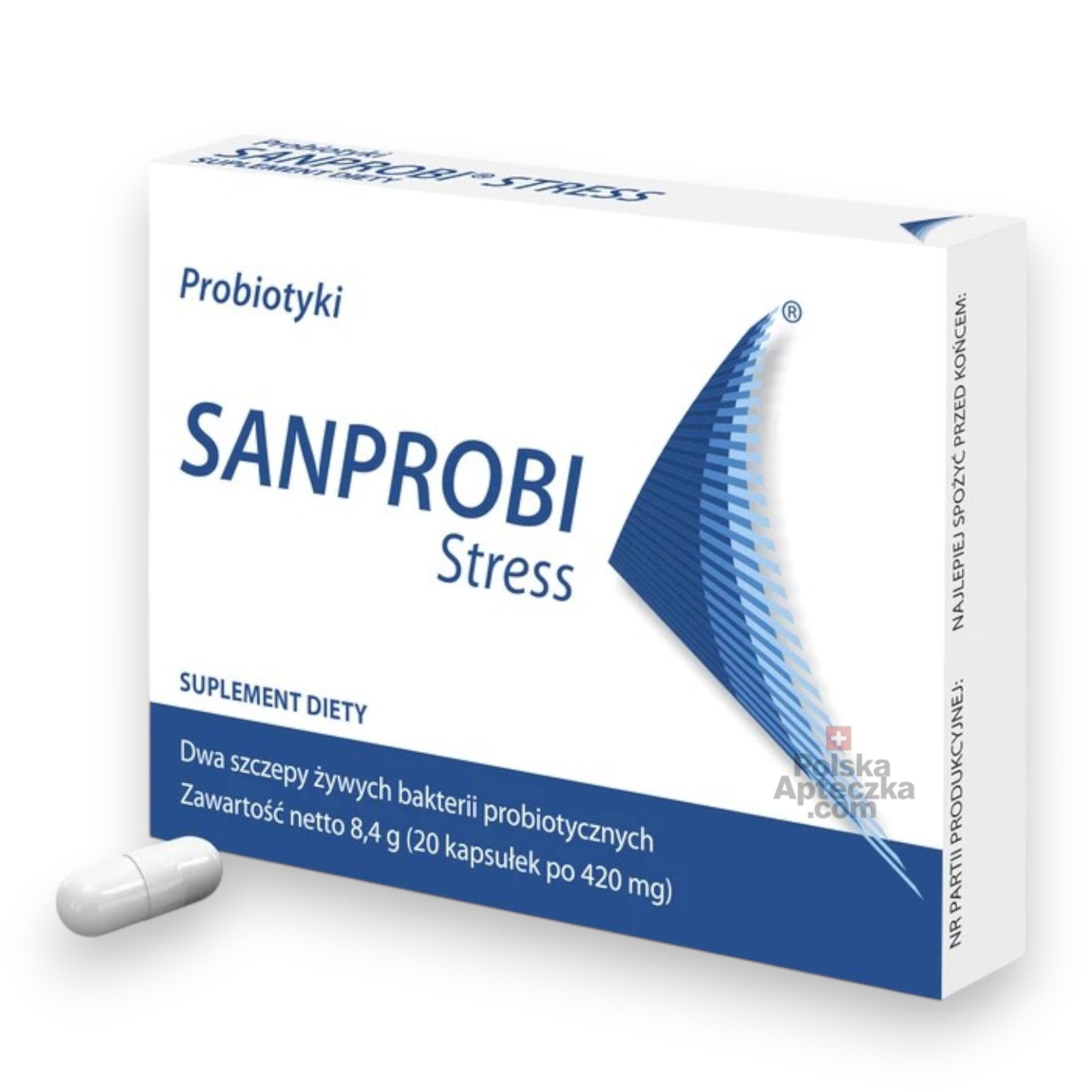 Sanprobi Stress probiotic box angled view with one capsule shown  20 count