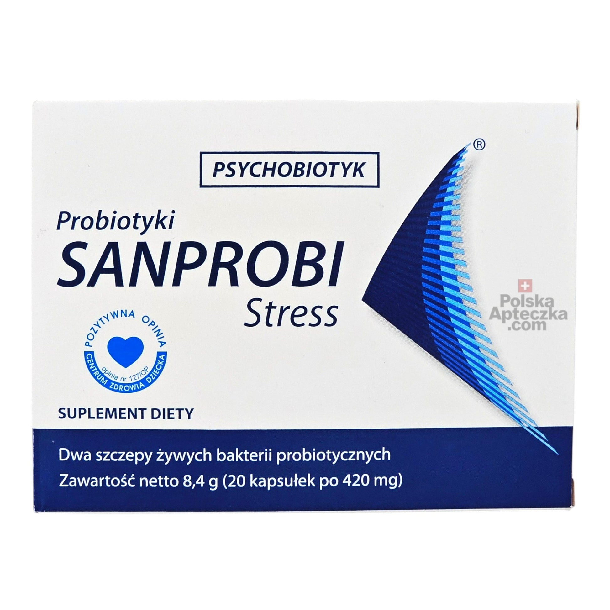Sanprobi Stress probiotic box front view – gut and stress support, 20 capsules