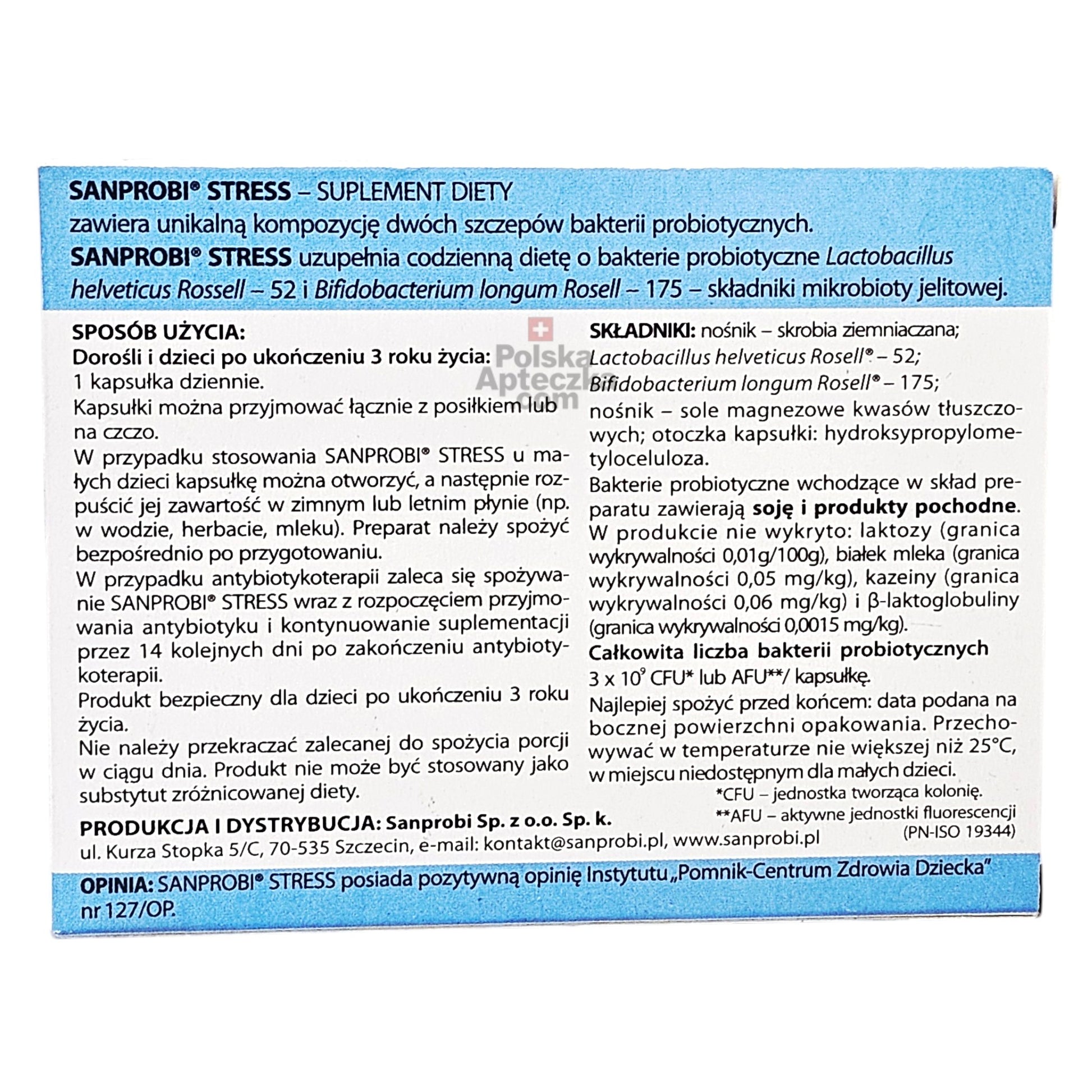 Sanprobi Stress probiotic supplement – ingredients, usage instructions, and nutritional information on box back