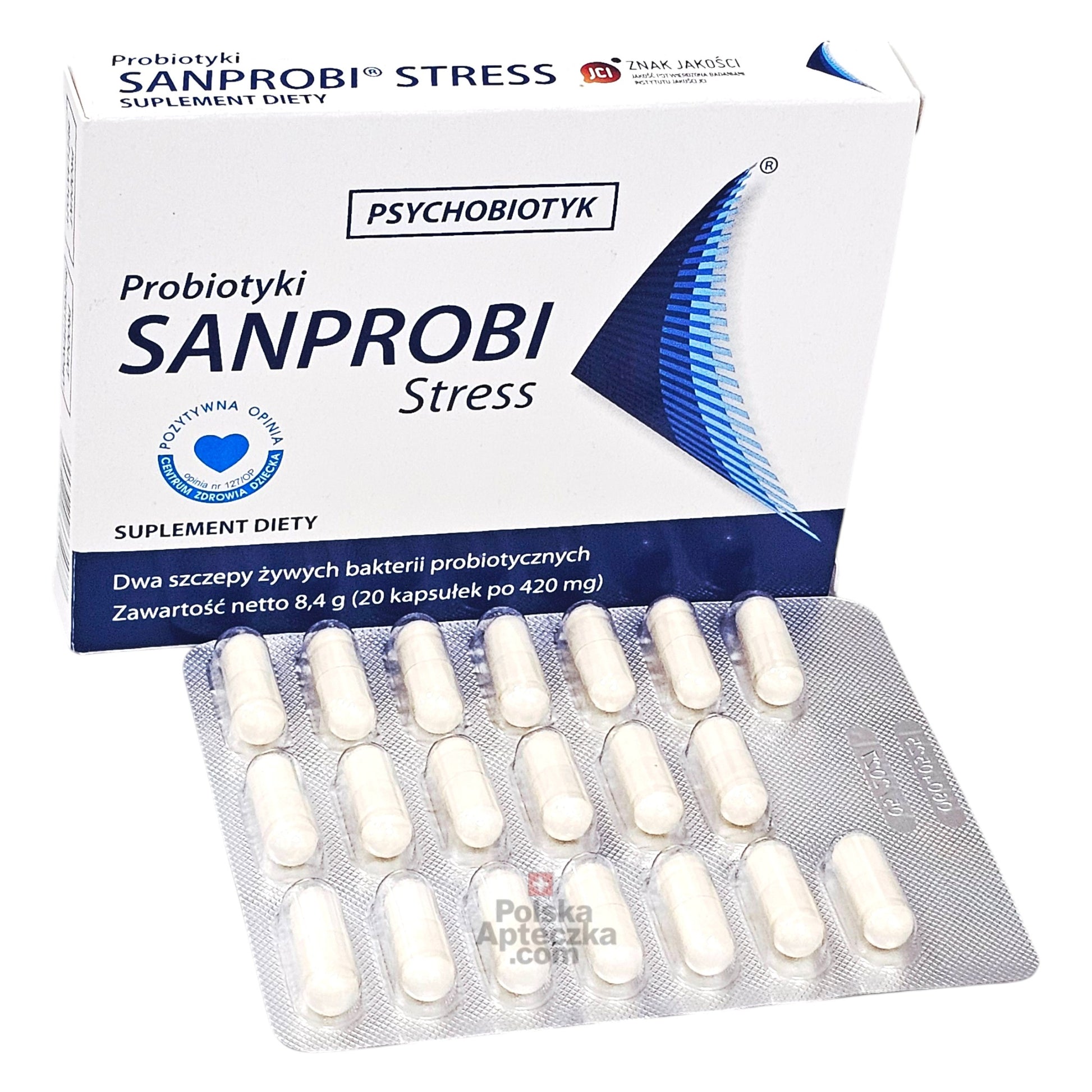 Sanprobi Stress probiotic supplement with blister pack of capsules displayed – 20 count