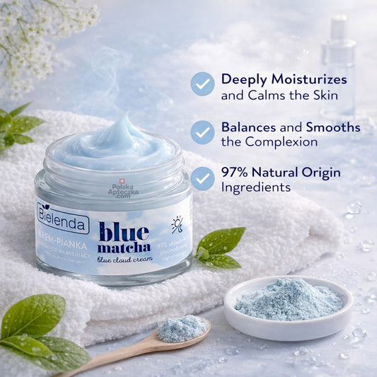Bielenda Blue Matcha cream jar with ingredients on a soft background