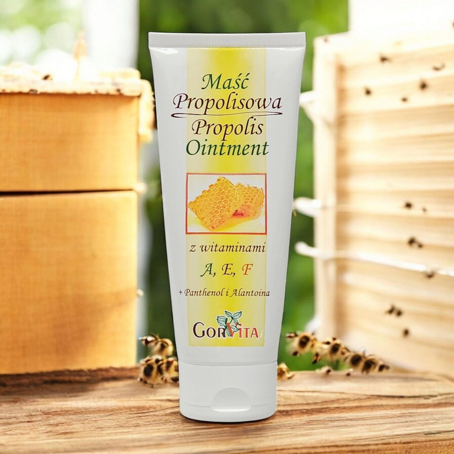 Gorvita Propolis Ointment – Lifestyle Scene with Beehive Background