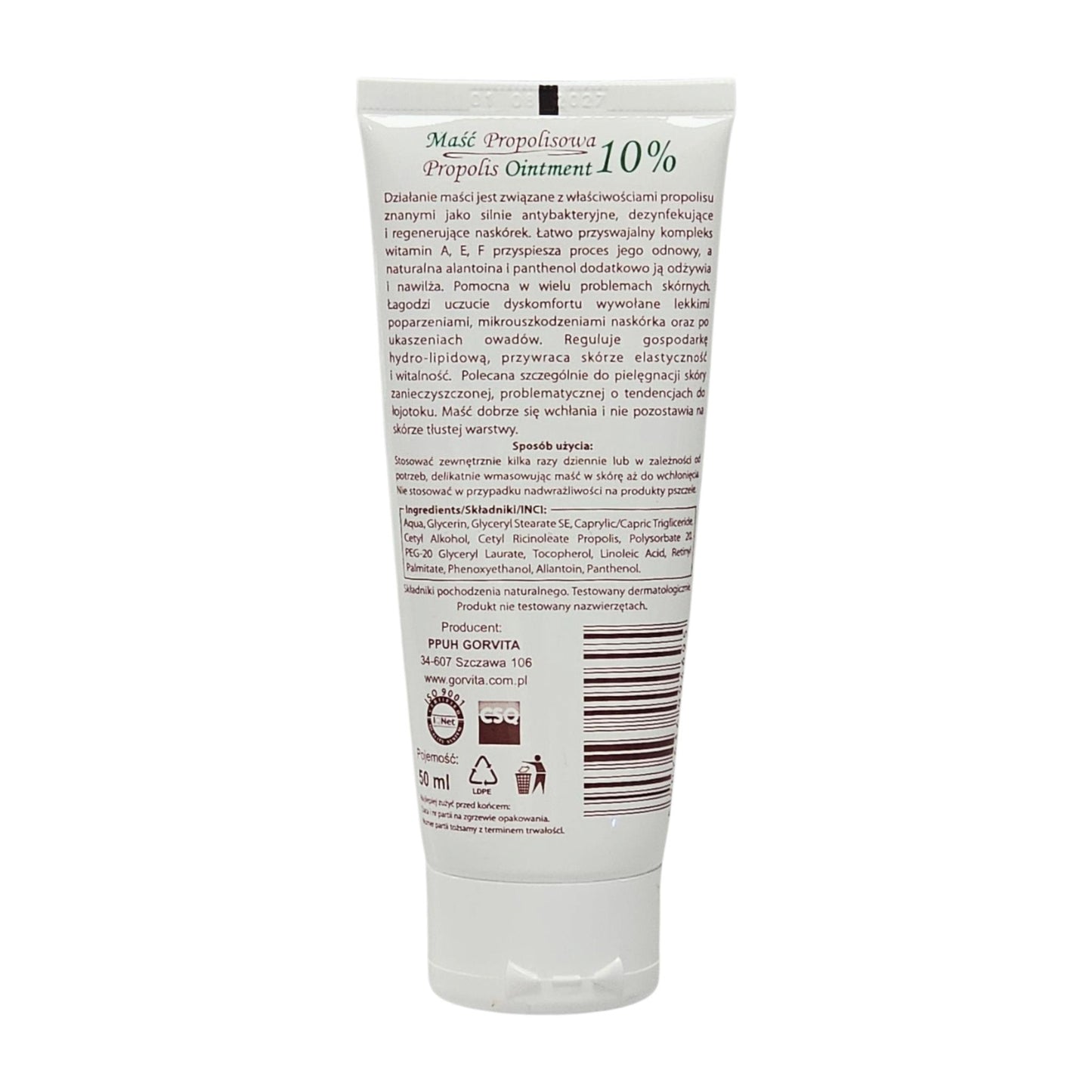 Gorvita Propolis Ointment – Back Label Ingredients and Instructions