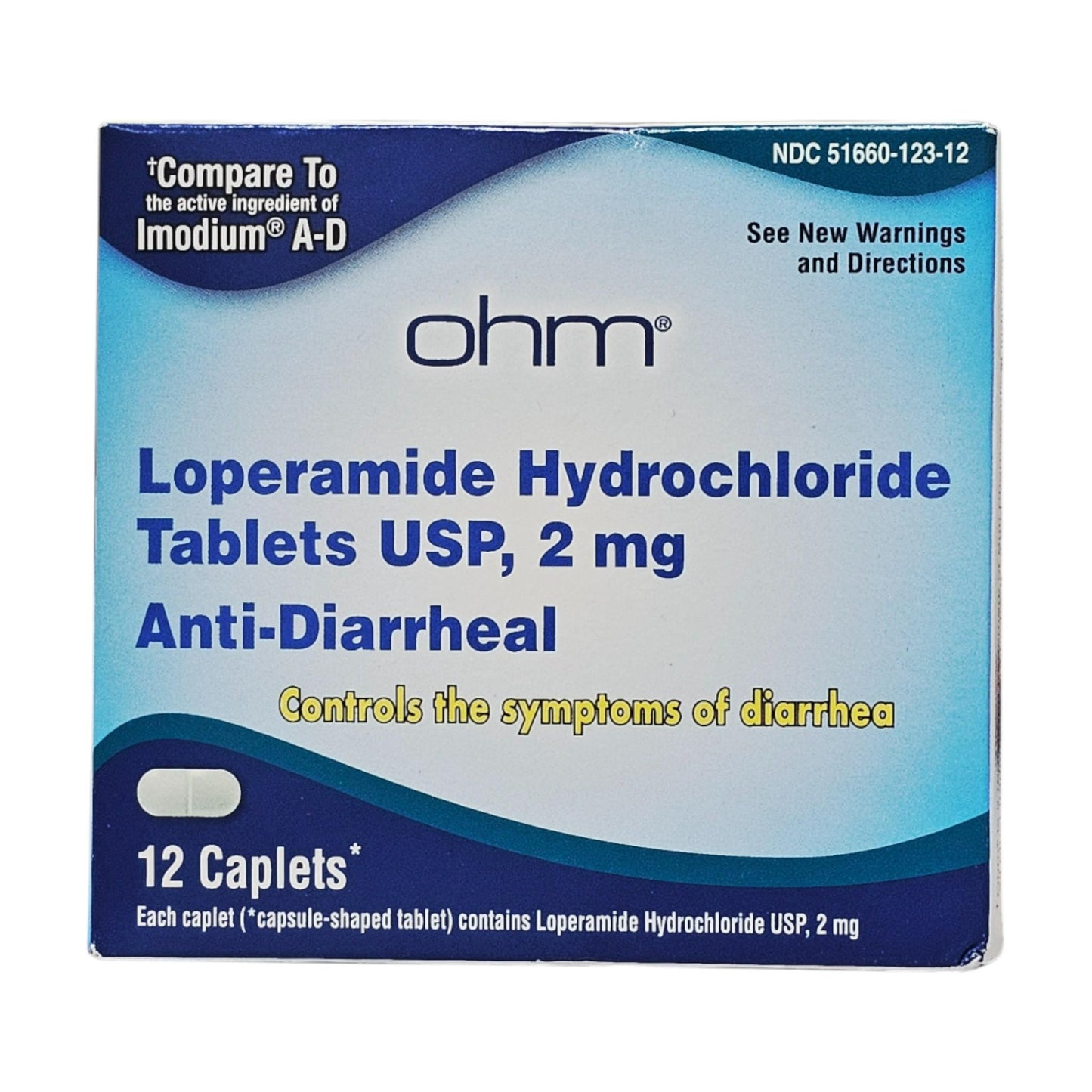 Loperamide 2mg Anti-Diarrheal Tablets – Front Box View (12 Caplets)