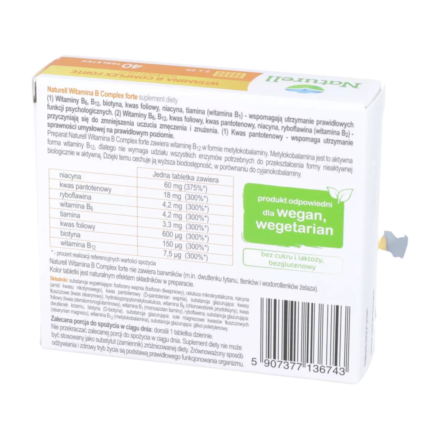 Naturell Vitamin B Complex Forte - High-Strength B Vitamins with Methylated B12 40 Tablets