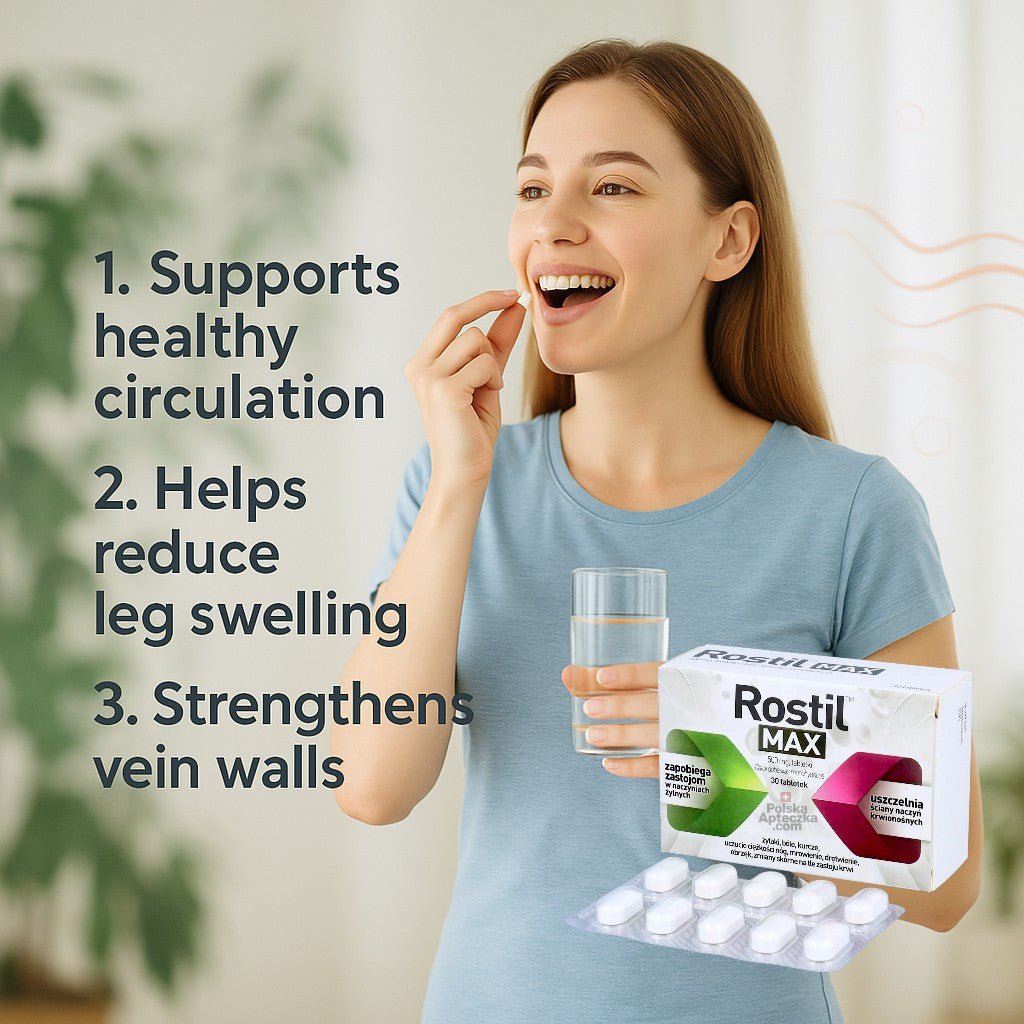 Woman holding Rostil Max supplement package with benefits listed on a light background