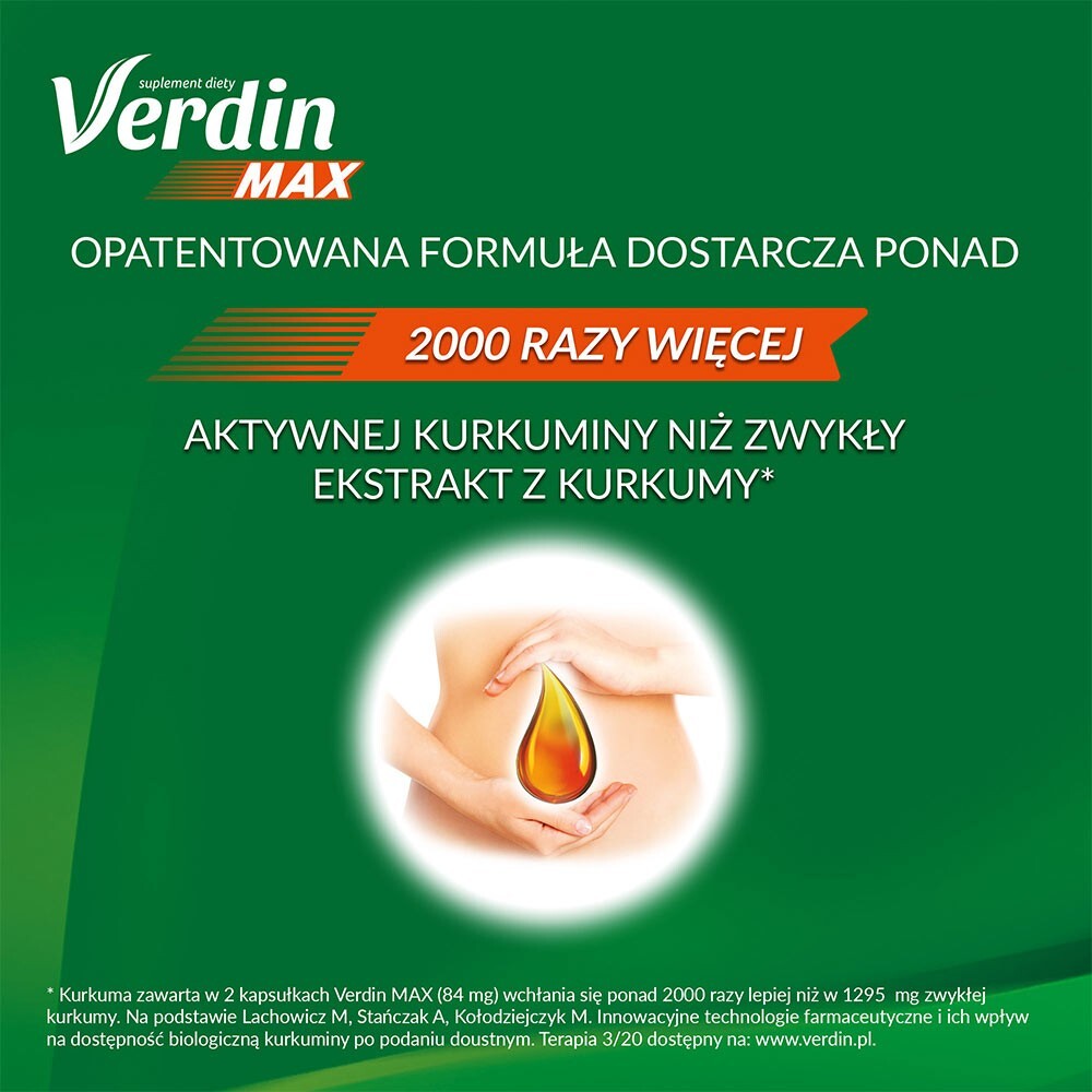 Verdin Max supplement advertisement with hands holding a drop of oil on a green background