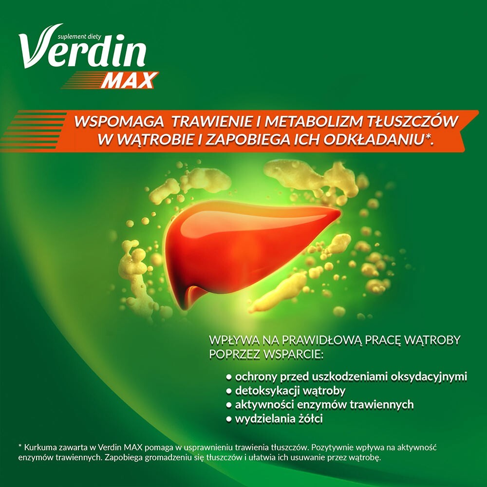 Verdin MAX supplement advertisement with a liver illustration on a green background