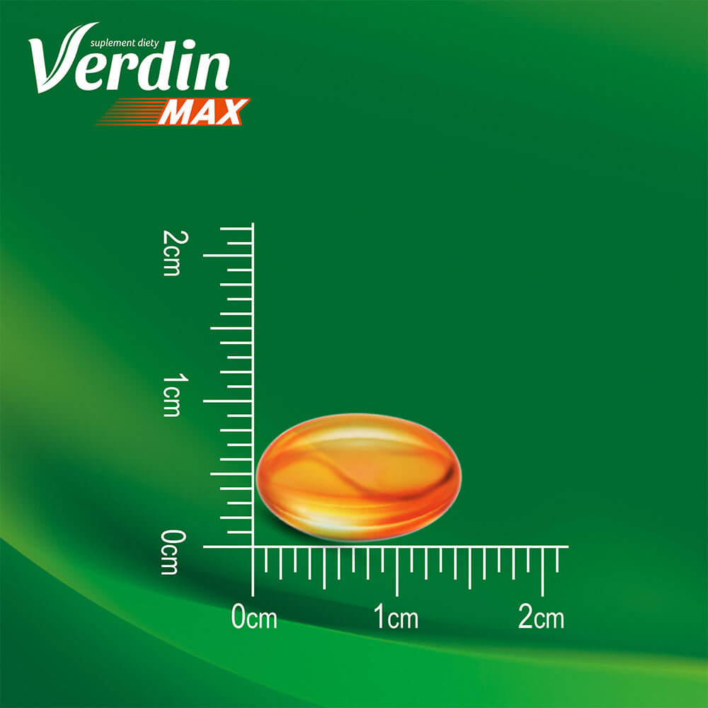 Verdin Max supplement pill with a ruler on a green background