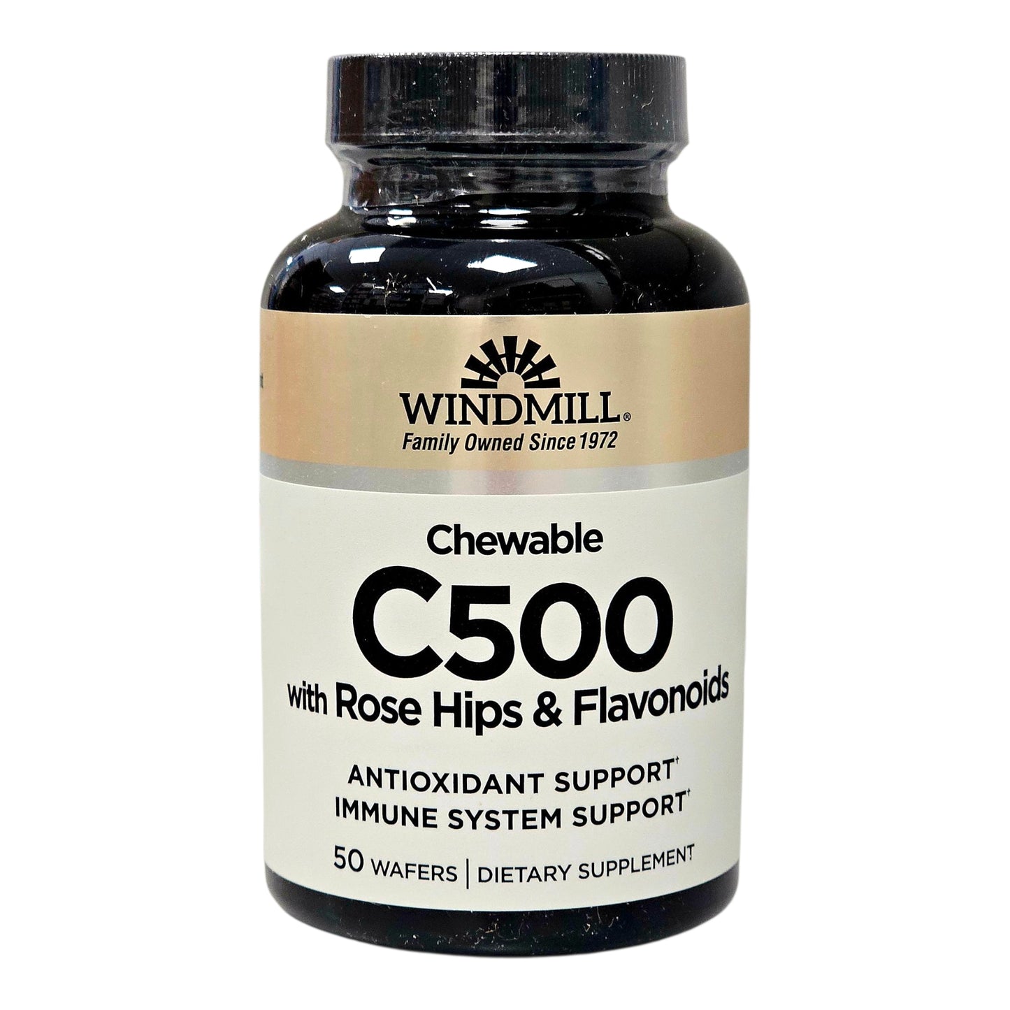 windmill chewable vitamin c 500mg with rose hips flavonoids 50 wafers front bottle