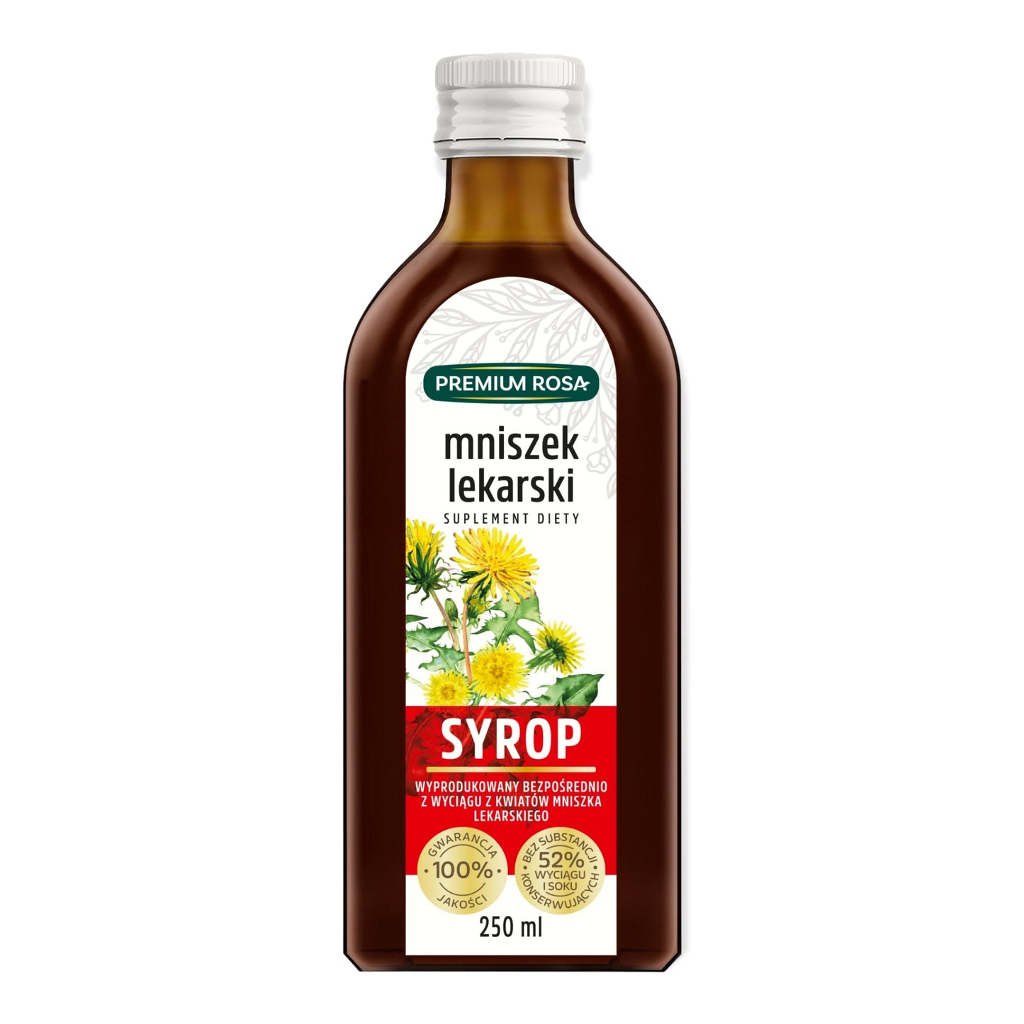 Premium Rosa Dandelion Syrup (Mniszek Lekarski) – Natural herbal supplement for immune and digestive support, 250ml bottle