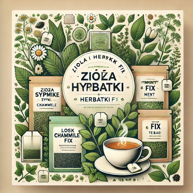 Polish herbal teas and loose-leaf herbs – Zioła Sypkie and Herbatki Fix with packaging, tea cup, and plants in natural wellness setting