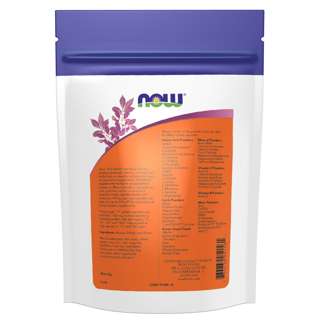 NOW Foods Empty Capsules, Gelatin, Single 0" - 250 gel caps" – Label details / Etykieta producenta