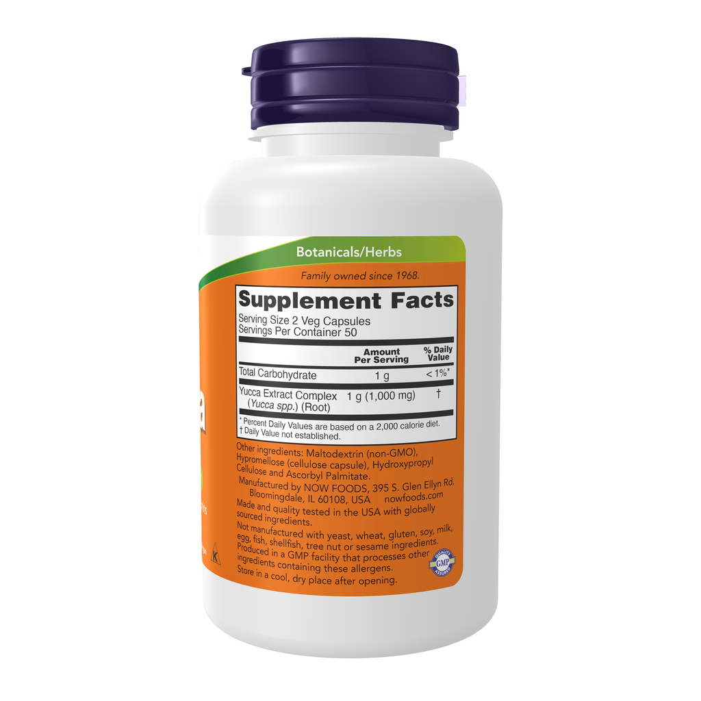 NOW Foods Yucca 500 mg - 100 Veg Capsules – Right label / Etykieta producenta