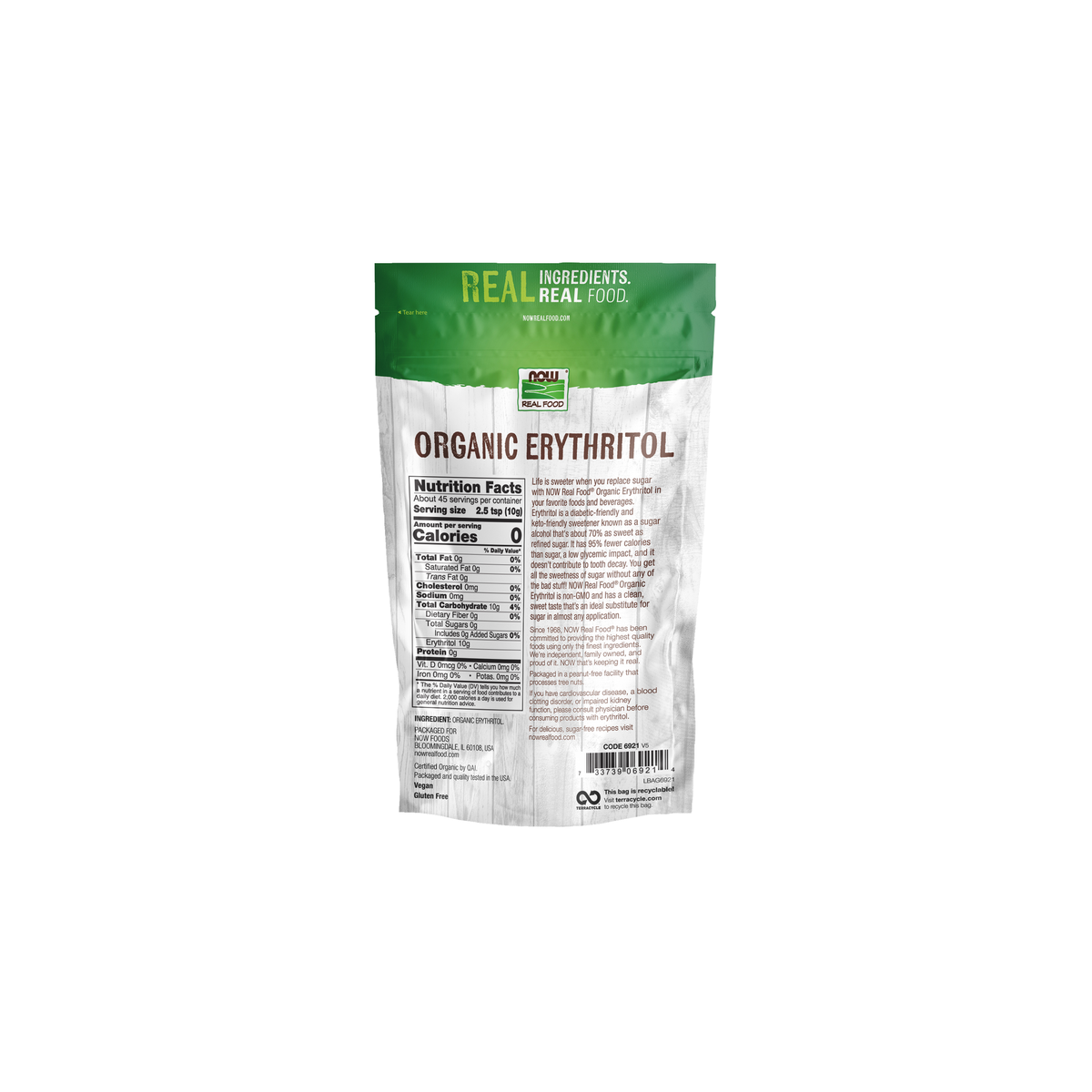 NOW Foods Erythritol, Organic - 1 lb. – Back label / Etykieta producenta