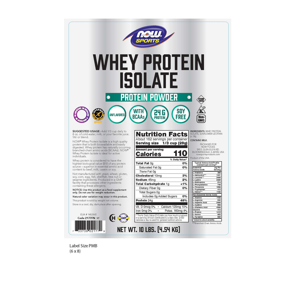 NOW Foods Whey Protein Isolate, Unflavored Powder - 10 lbs. – Right label / Etykieta producenta