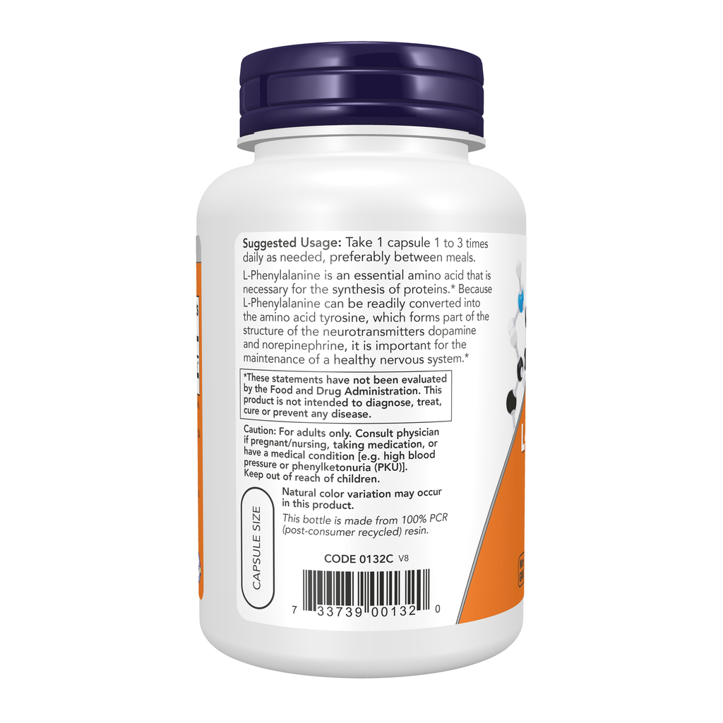 NOW Foods L-Phenylalanine 500 mg - 120 Veg Capsules – Left label / Etykieta producenta