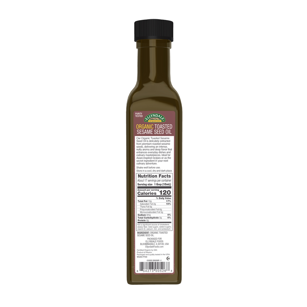 NOW Foods Ellyndale, Organic Toasted Sesame Seed OIl - 8.45 fl oz. – Back label / Etykieta producenta