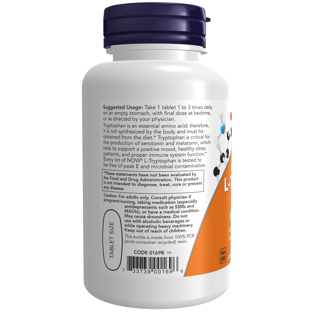 NOW Foods L-Tryptophan, Double Strength 1000 mg - 60 Tablets – Left label / Etykieta producenta