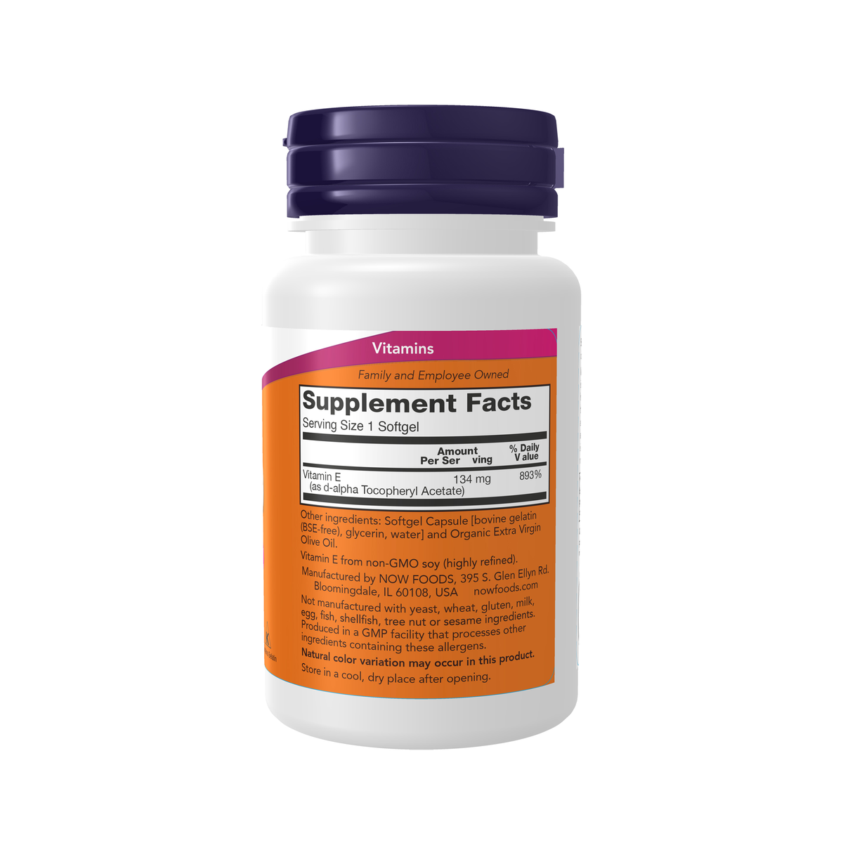 NOW Foods Vitamin E-200 D-Alpha Tocopheryl - 100 Softgels – Right label / Etykieta producenta