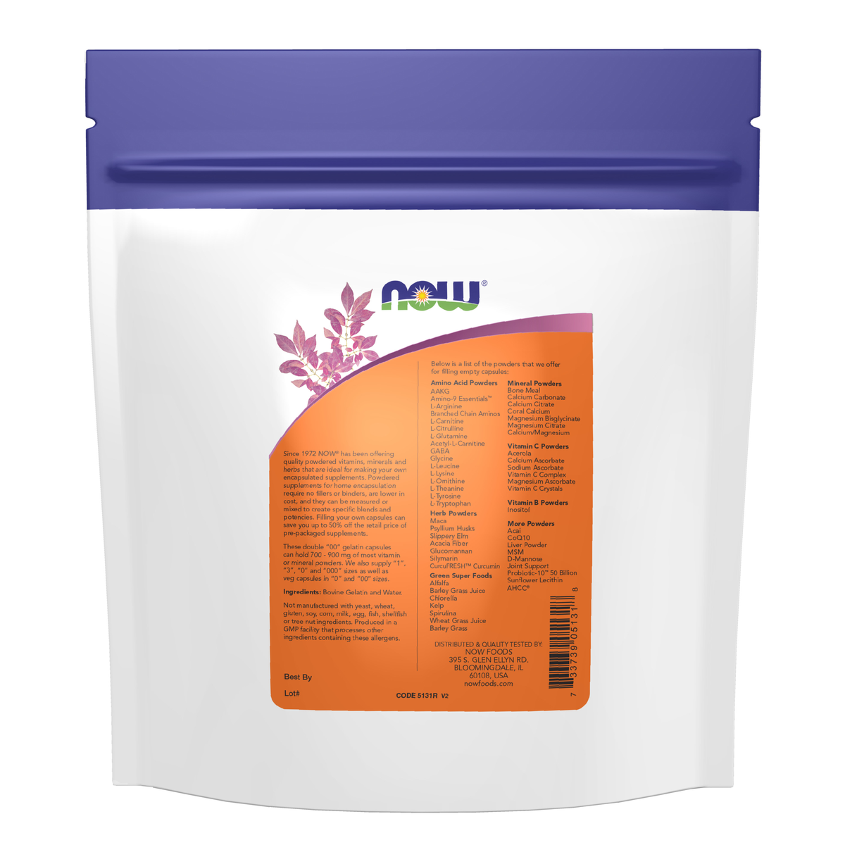 NOW Foods Empty Capsules, Gelatin, Double 00" - 750 gel caps" – Label details / Etykieta producenta