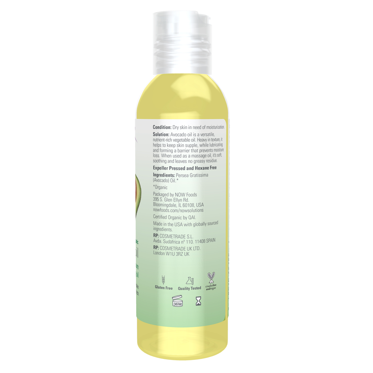 NOW Foods Avocado Oil, Organic - 4 fl.oz. – Right label / Etykieta producenta
