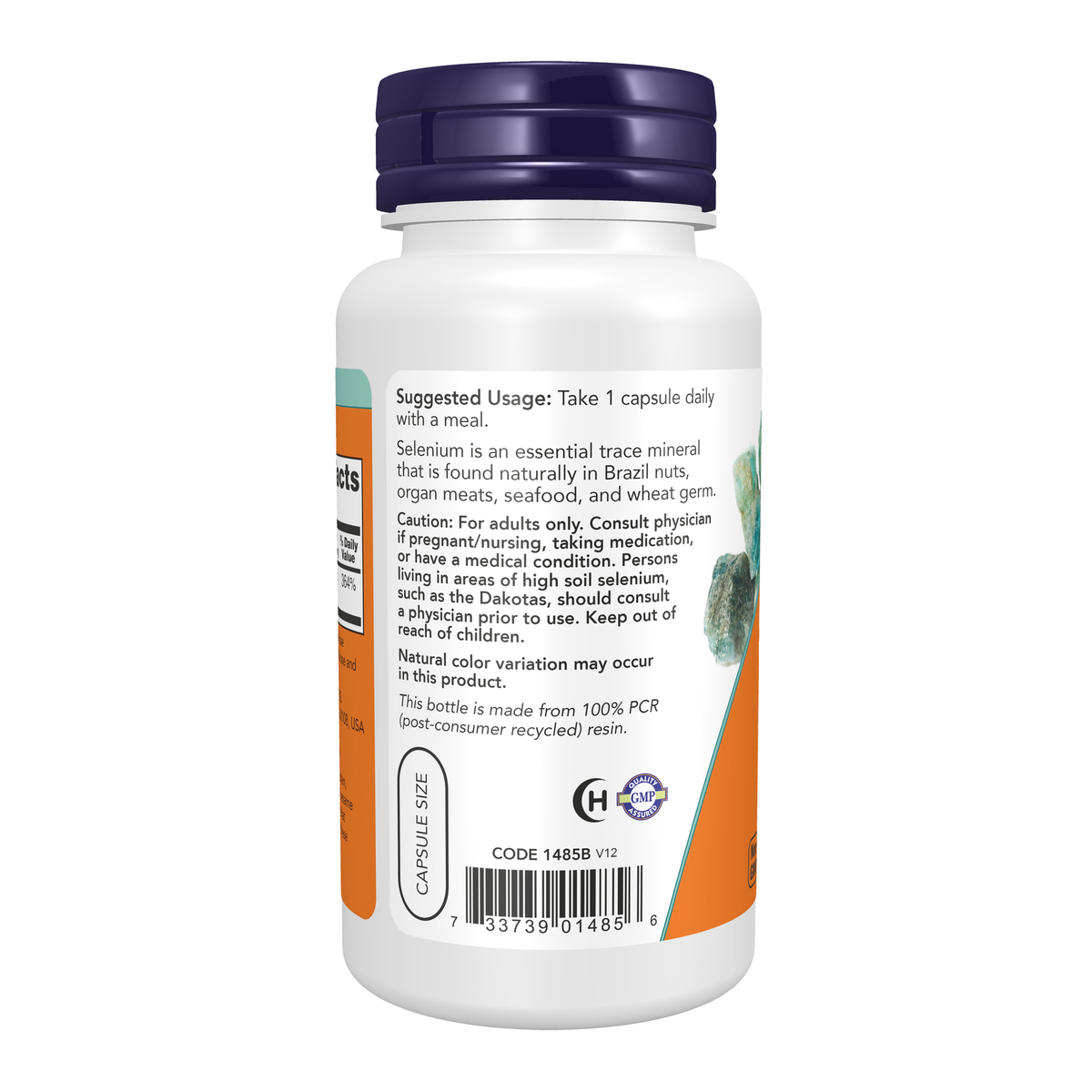 NOW Foods Selenium 200 mcg - 90 Veg Capsules – Left label / Etykieta producenta