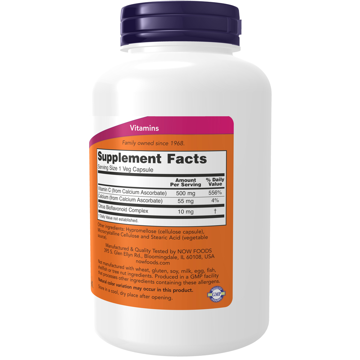 NOW Foods Vitamin C-500 Calcium Ascorbate-C - 250 Veg Capsules – Label details / Etykieta producenta