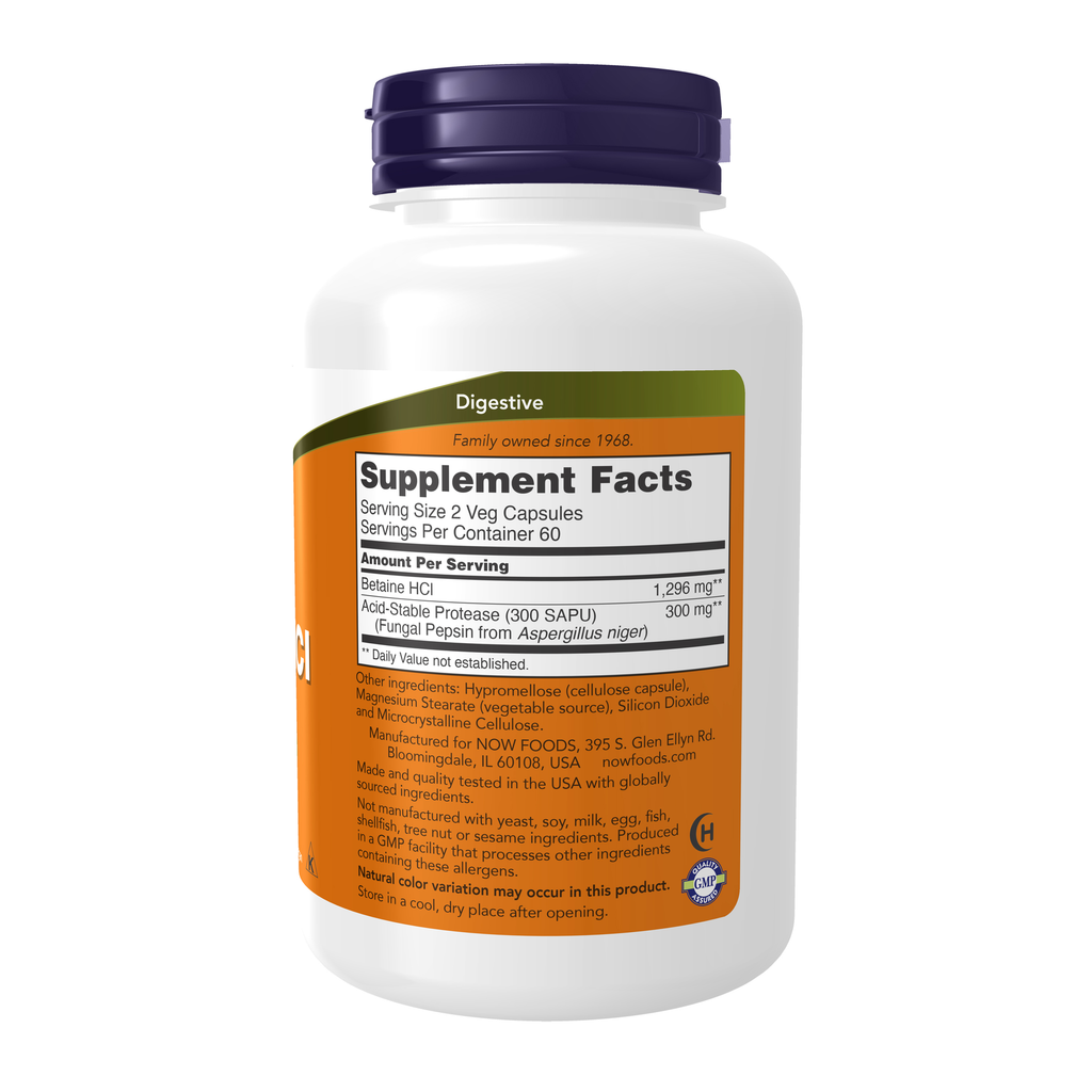 NOW Foods Betaine HCl 648 mg - 120 Veg Capsules – Right label / Etykieta producenta