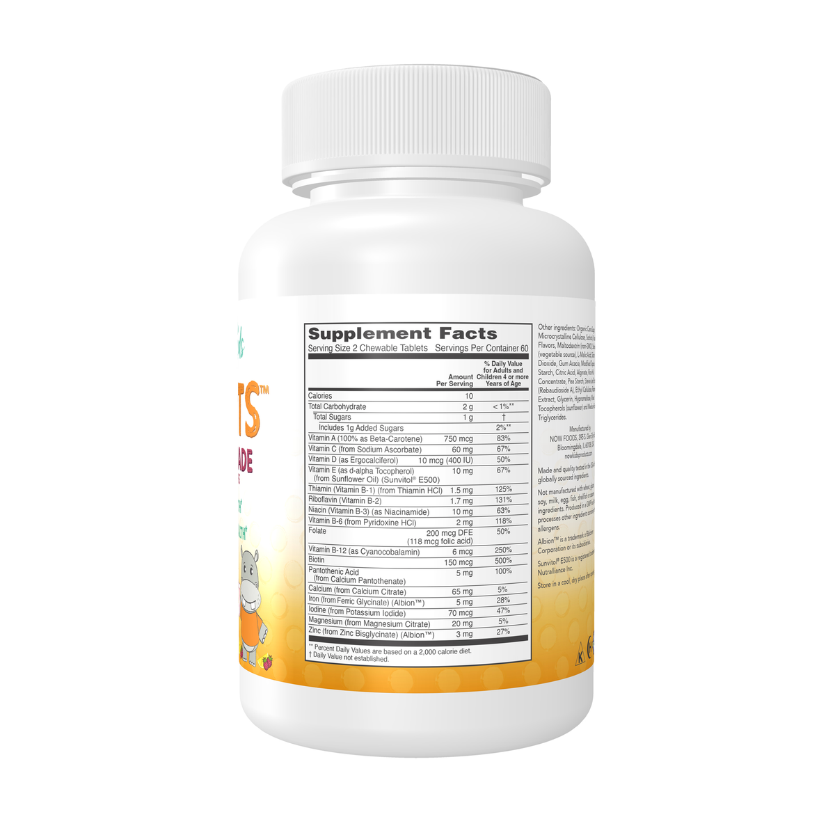 NOW Foods Kid Vits™ Berry Lemonade – 120 Chewable Tablets – Right label / Etykieta producenta
