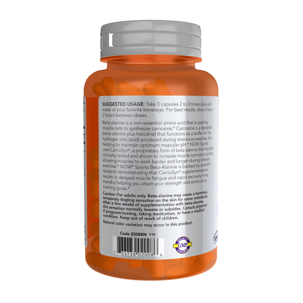 NOW Foods Beta-Alanine 750 mg - 120 Veg Capsules – Left label / Etykieta producenta