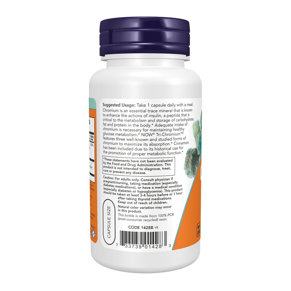 NOW Foods Tri-Chromium™ 500 mcg with Cinnamon - 90 Veg Capsules – Left label / Etykieta producenta