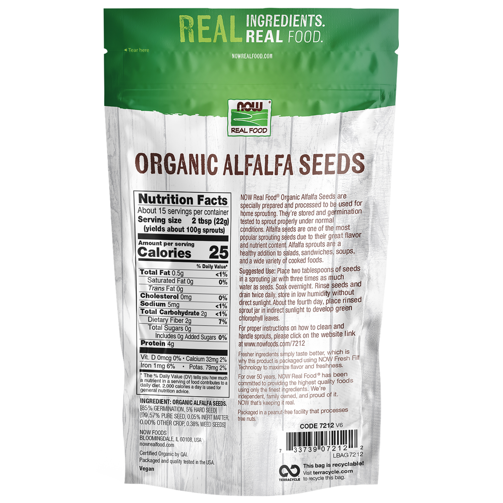 NOW Foods Alfalfa Seeds, Organic - 12 oz. – Back label / Etykieta producenta