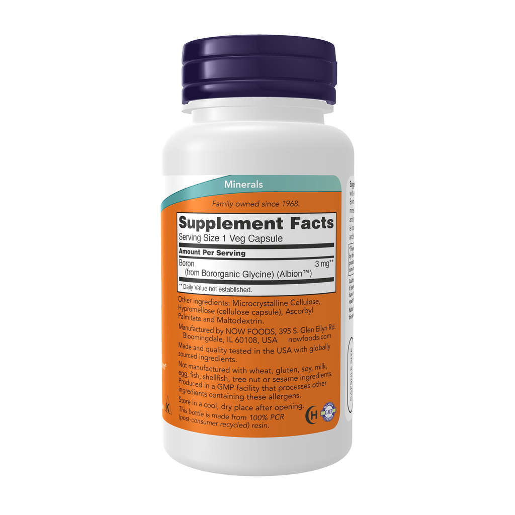 NOW Foods Boron 3 mg - 100 Veg Capsules – Right label / Etykieta producenta