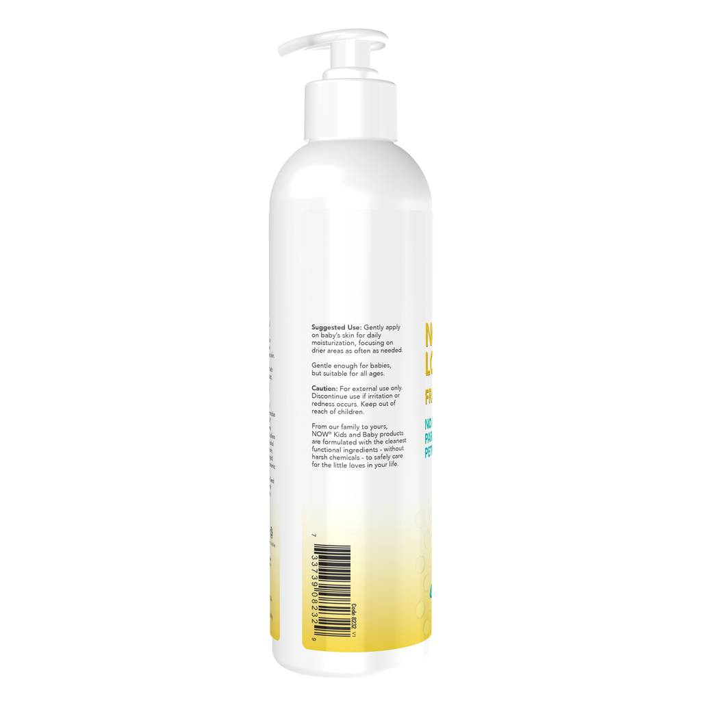 NOW Foods Nourishing Baby Lotion, Fragrance Free - 8 fl. oz. – Manufacturer label details / Etykieta producenta