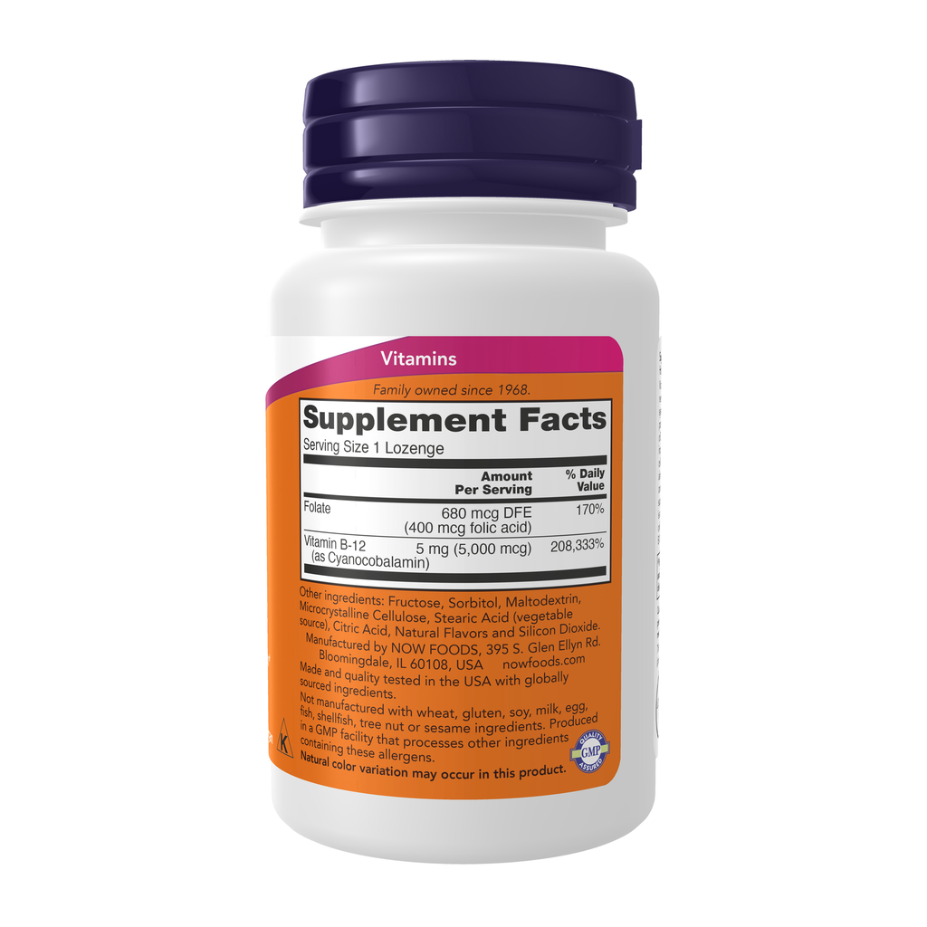 NOW Foods Vitamin B-12 5000mcg - 60 Lozenges – Right label / Etykieta producenta
